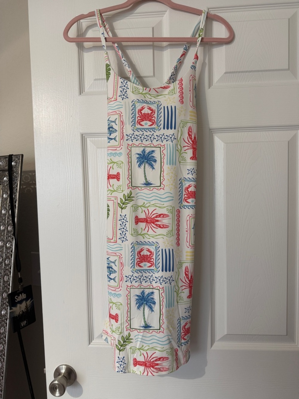 Tropical Print Slip Dress in White with Blue & Red Motifs